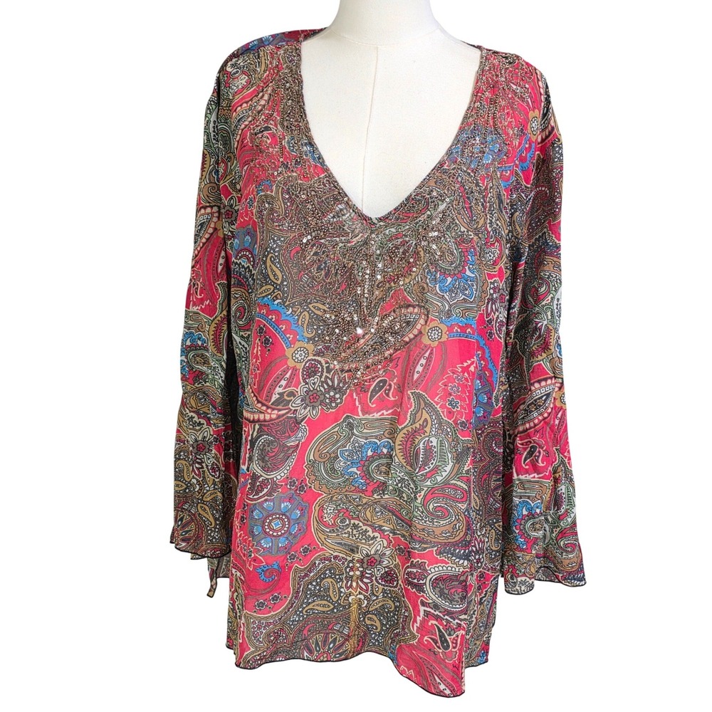 Chico's Silk Tunic Top Womens Size 3 Pink Paisley Beaded V-Neck Excellent Boho